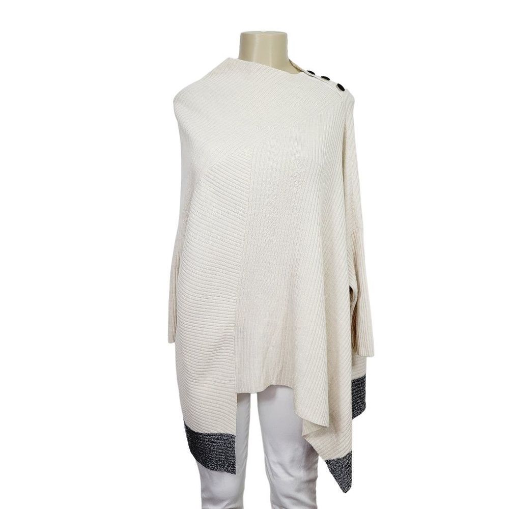 Rag & Bone Reanna Ivory & Grey 100% Merino Wool Knit Poncho Sweater One Size
